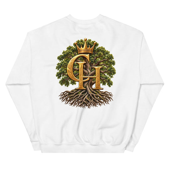 Cash & Honor Crowned Oak signature white sweatshirt, back view featuring gold CH crown and oak tree artwork